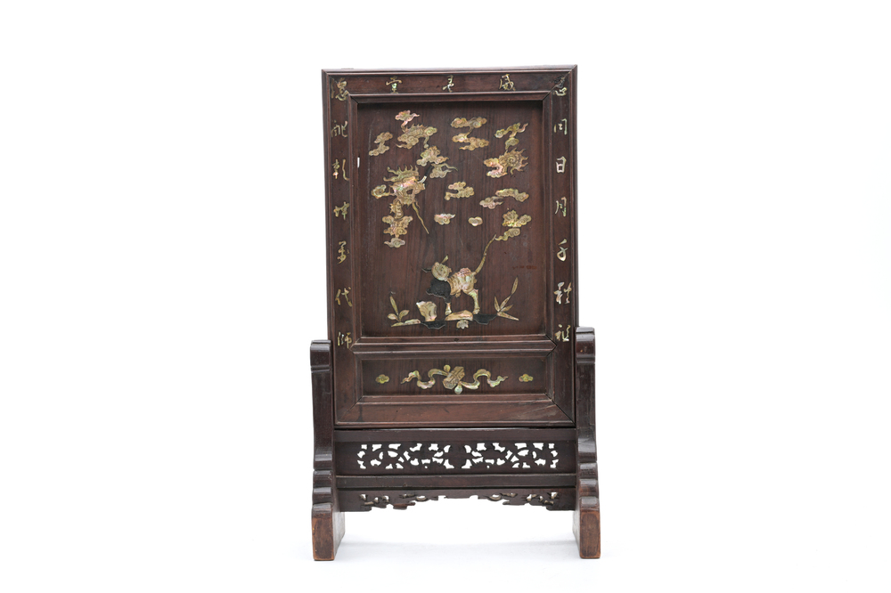 A Chinese wooden table screen with mother-of-pearl inlay with mythical creatures for the Vietnamese market, ca. 1900