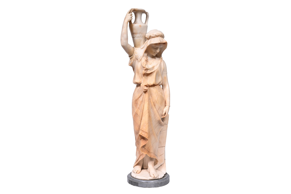 Italian school: Orientalist beauty with a water jug, alabaster on a marble base, 19th/20th C.