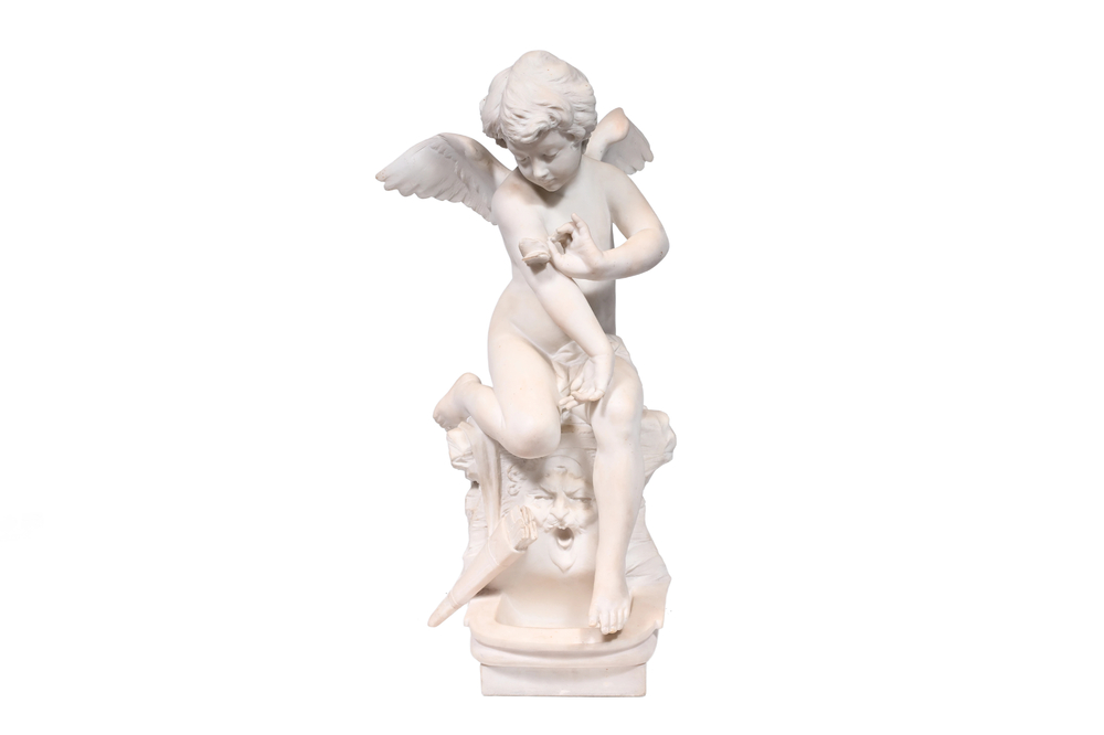 Cl&eacute;ment-L&eacute;opold Steiner (1853-1899): Een witmarmeren groep met Cupido die met een vlinder speelt