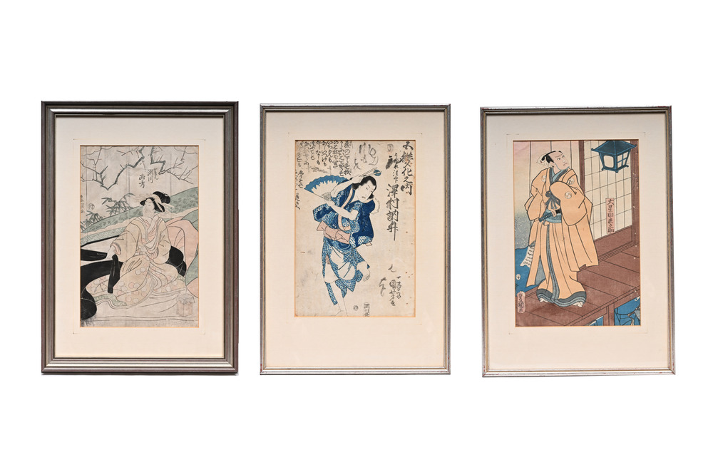 Three Japanese Ukiyo-e woodblock prints, Toyokuni Utagawa and Kuniyoshi Utagawa, Meiji, 19th/20th C.