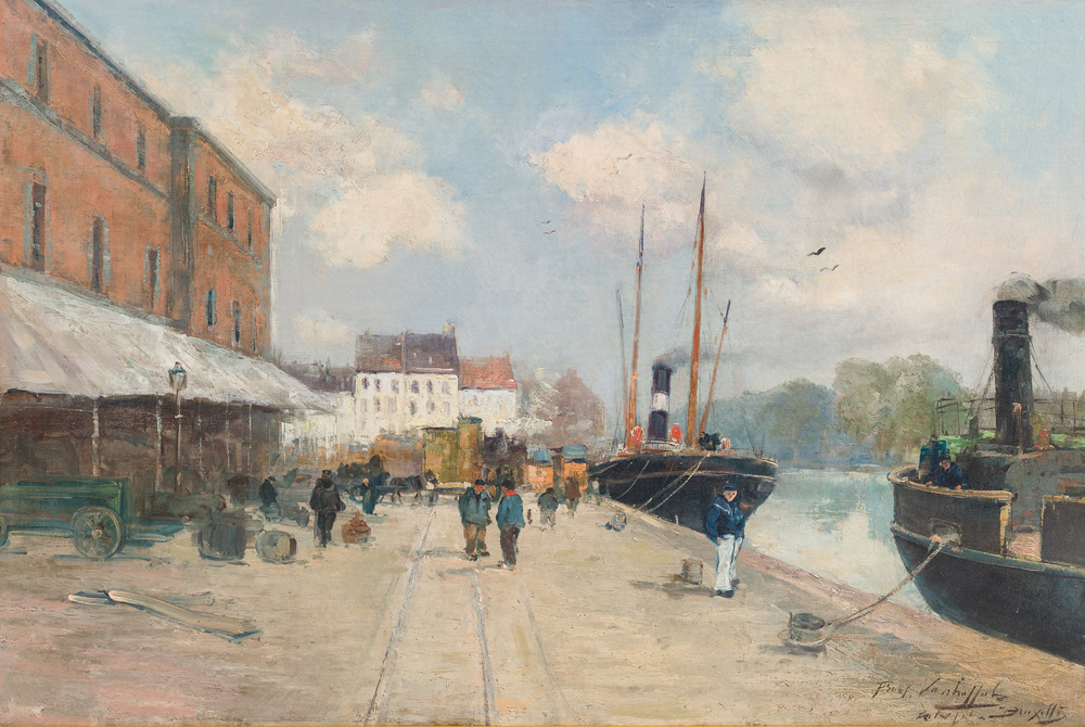 Frans Van Huffel (19&egrave;me/20&egrave;me si&egrave;cle): Vue du quai &agrave; Bruxelles, huile sur toile