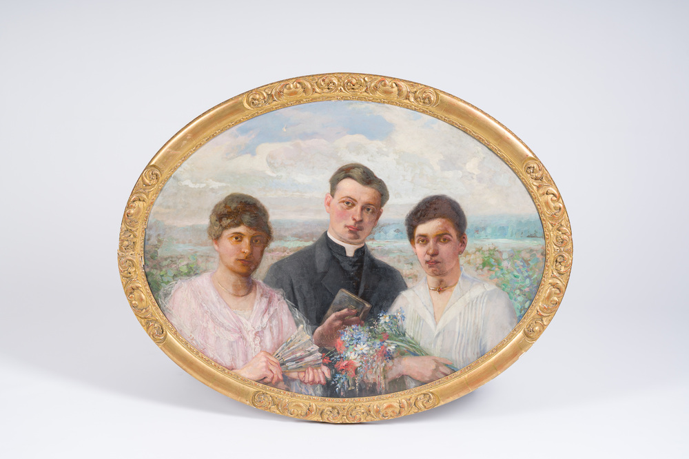 &Eacute;cole belge, sign&eacute; illisiblement (J. Vander Sanden?): Les trois enfants, huile sur toile, vers 1890