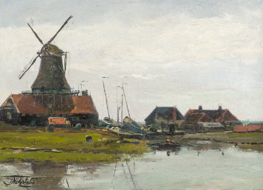 Paul Kuhstoss (1870-1898): Moulin au bord du village, huile sur toile