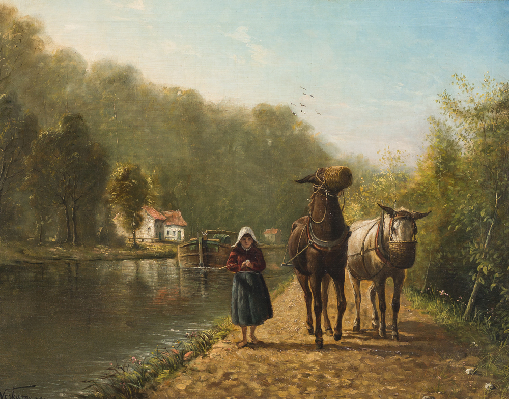 L. Verkamp (19&egrave;me/20&egrave;me si&egrave;cle): P&eacute;niche avec chevaux le long du chemin de halage, huile sur toile