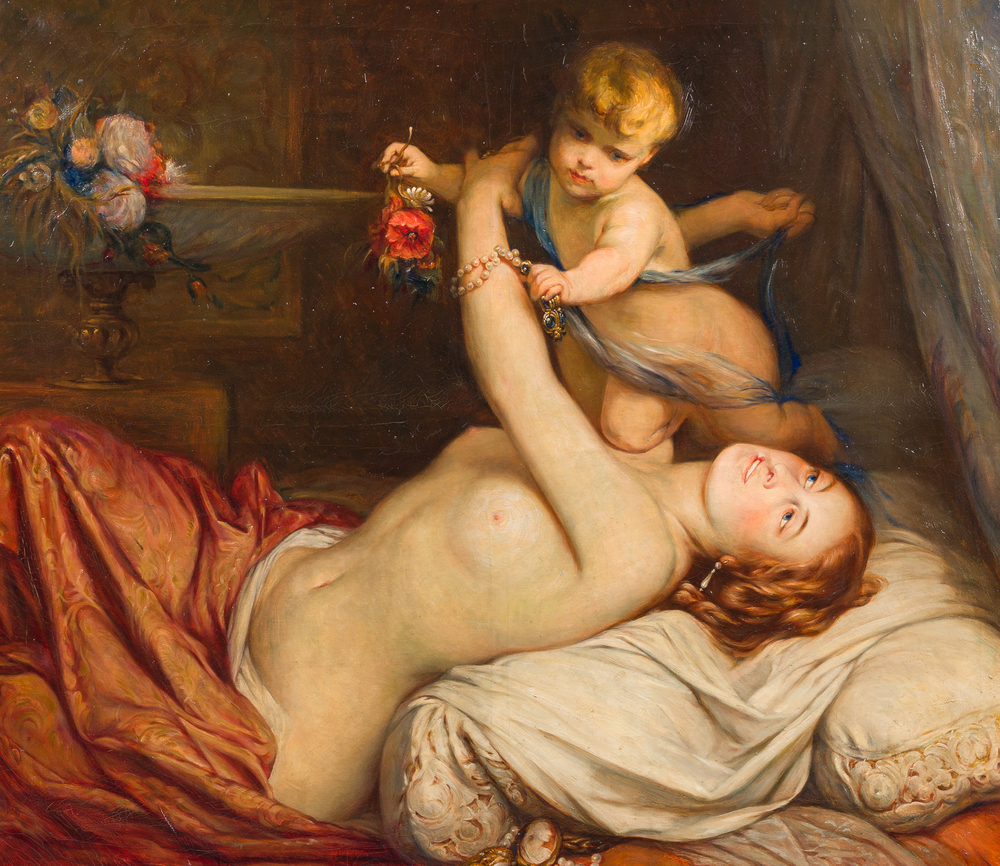 &Eacute;cole belge, suiveur de Gustaaf Wappers (1803-1874): Jeune m&egrave;re avec enfant, huile sur toile, d&eacute;but du 20&egrave;me si&egrave;cle