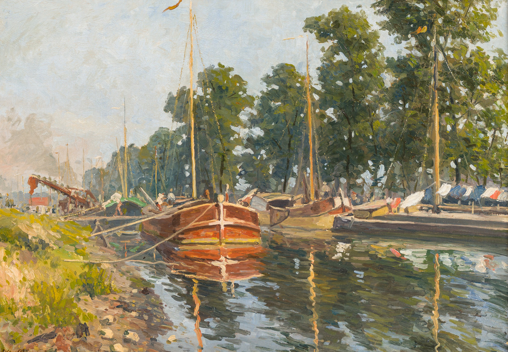 Jean Van Cleemput (1881-1948): Paysage fluvial anim&eacute; avec un pont-levis, huile sur toile