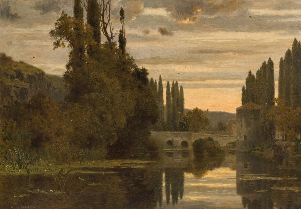 Paul-Alfred Parent de Curzon (1820-1895): 'Les bords du Clain &agrave; Poitiers', huile sur toile