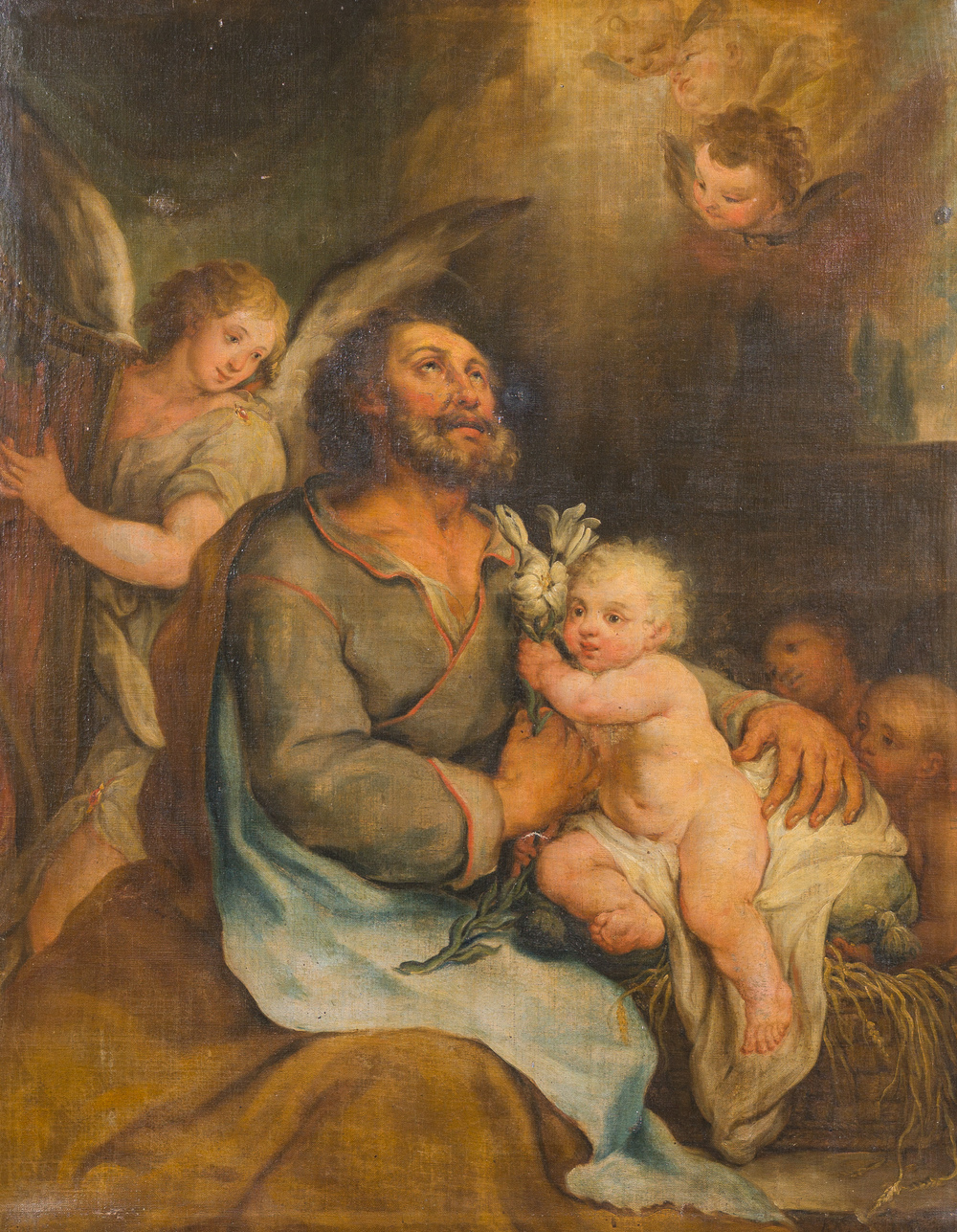 Ecole flamande: Saint Joseph et l'Enfant J&eacute;sus entour&eacute; d'anges, huile sur toile, 18&egrave;me si&egrave;cle
