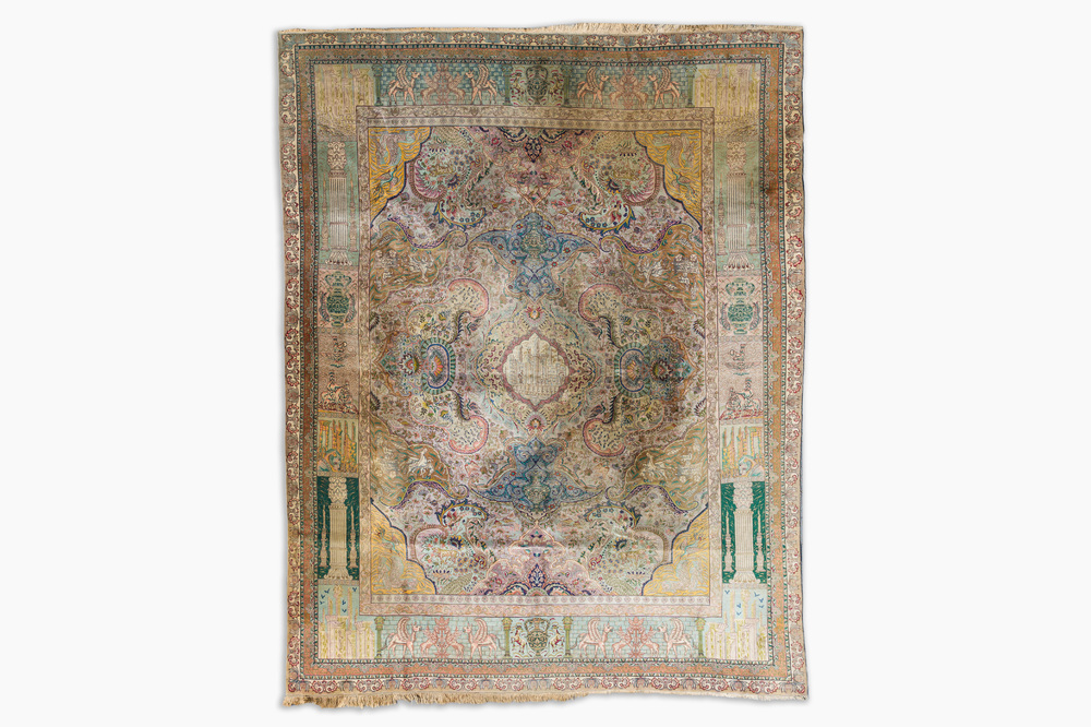 A Persian Tabriz rug with floral design and many references to ancient Persian culture, wool on cotton, 20th C.