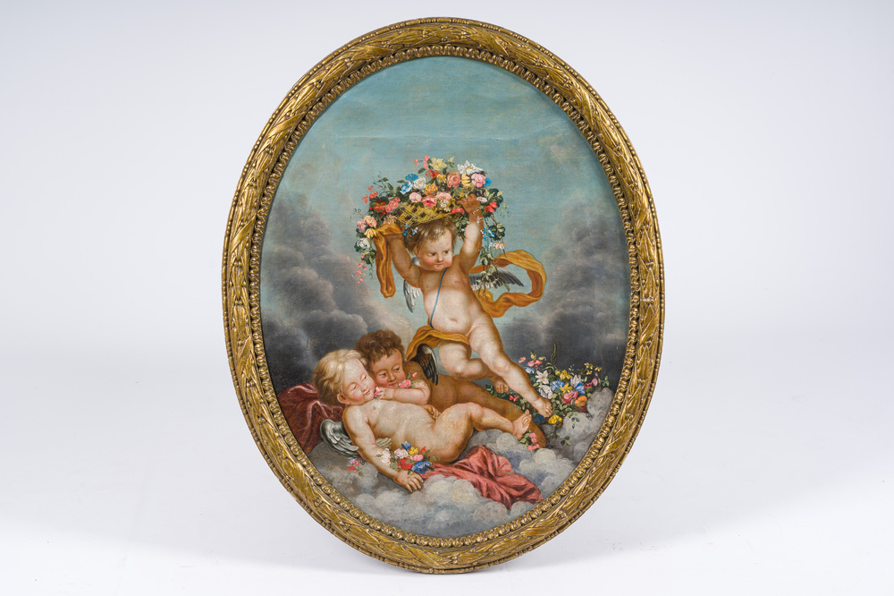 &Eacute;cole fran&ccedil;aise: Trois anges aux paniers de fleurs, huile sur toile, vers 1800