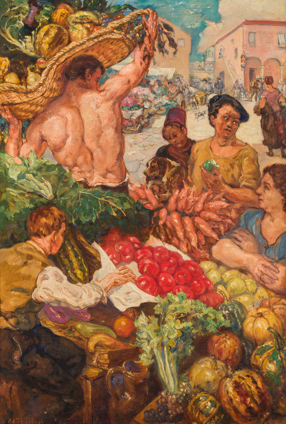 Edouard Thiebaut (1878-1956): The vegetable market, oil on canvas, dated 1929