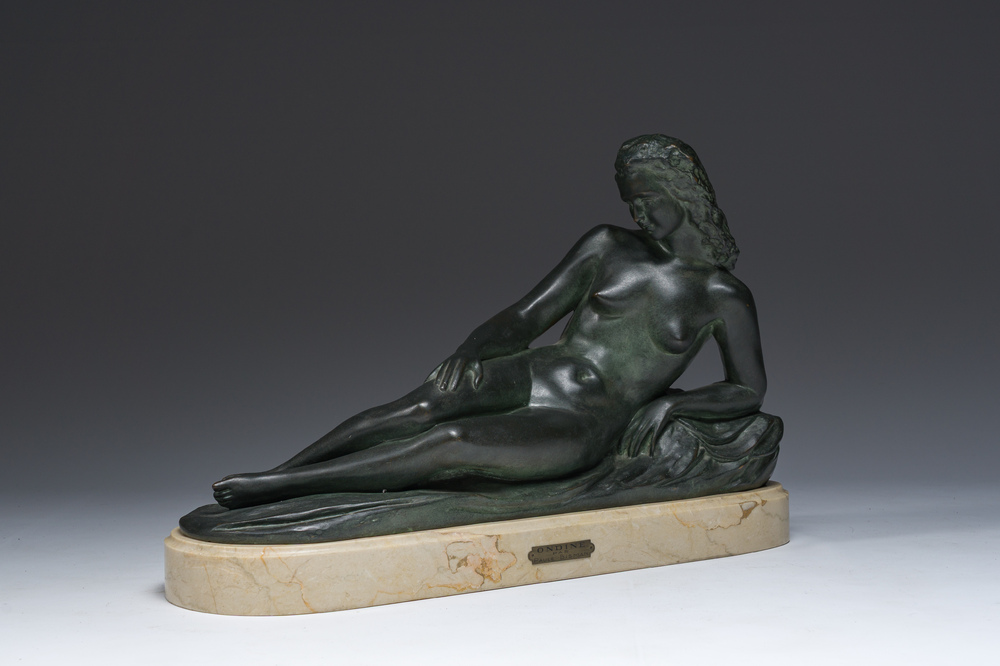 Paule Bisman (1897-1973): 'Ondine', bronze &agrave; patine verte sur socle en marbre, &eacute;d. 3/12