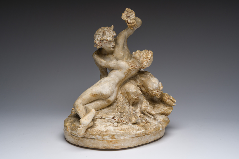 &Eacute;cole fran&ccedil;aise, suiveur de Claude Michel (Clodion, 1738-1814): Pan et la nymphe Syrinx, pl&acirc;tre patin&eacute;, 19&egrave;me/20&egrave;me si&egrave;cle