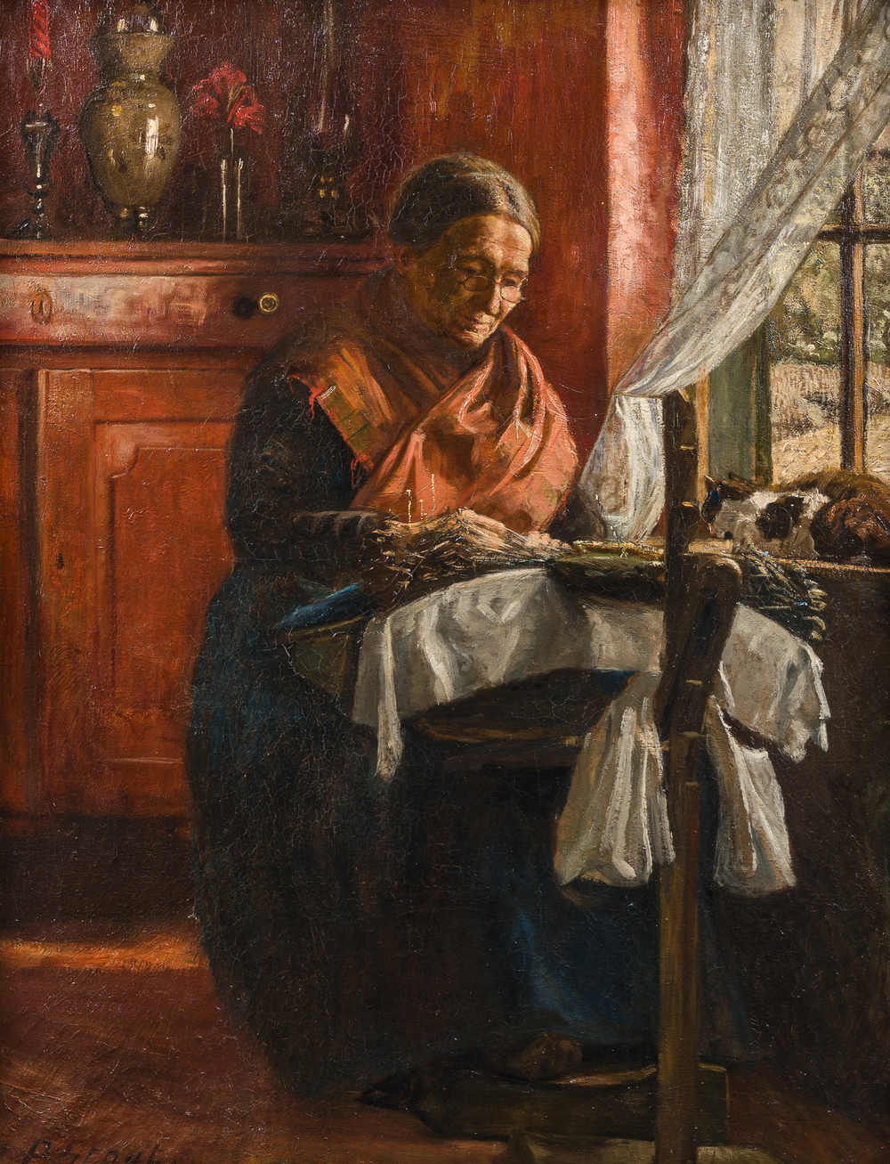 Piet Staut (1876-1933): Int&eacute;rieur avec dentelli&egrave;re et chat, huile sur toile