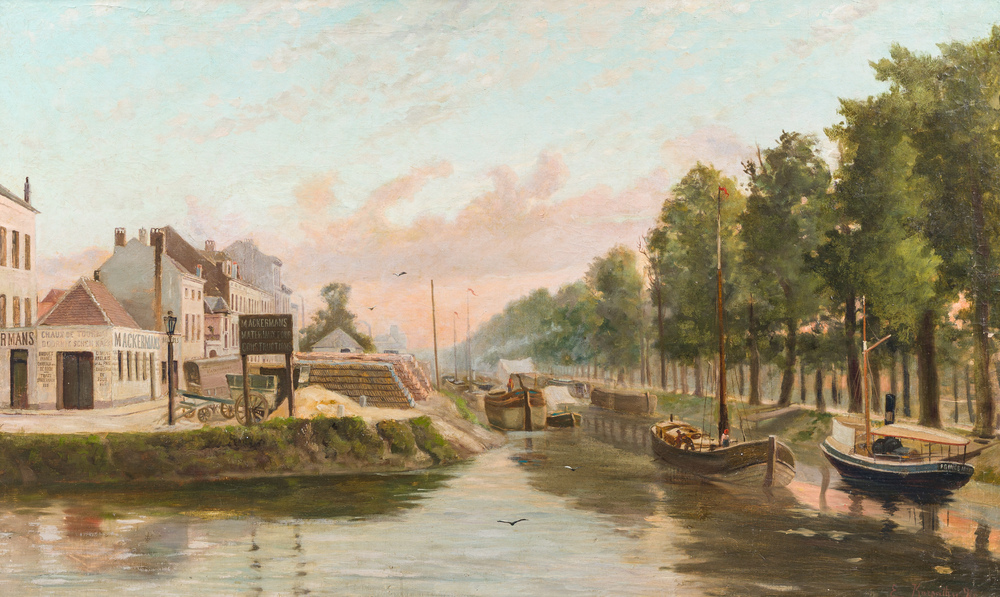 Eugen Karpathy (1870-1950): Vue des ateliers d'Ackermans au bord de la rivi&egrave;re, huile sur toile, dat&eacute; (18)96