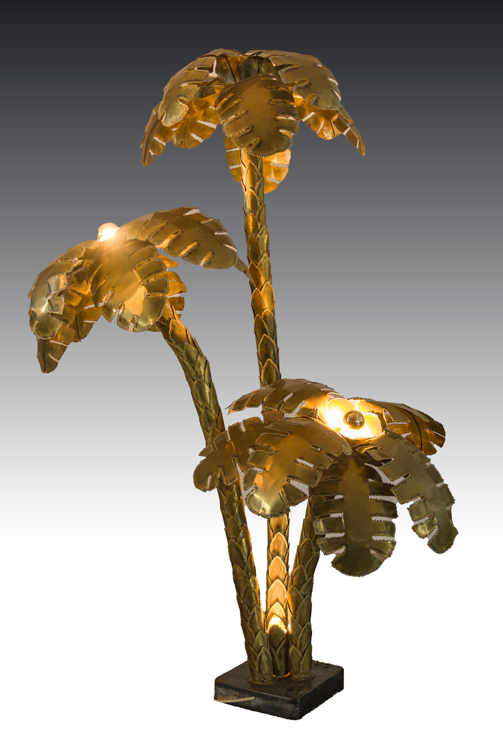 Lampe palmier &agrave; quatre lumi&egrave;res de style Hollywood Regency en laiton dor&eacute;, Canzio, 20&egrave;me si&egrave;cle