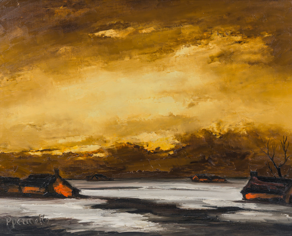 Paul Permeke (1918-1990): Soleil rougeoyant sur la campagne enneig&eacute;e, huile sur toile