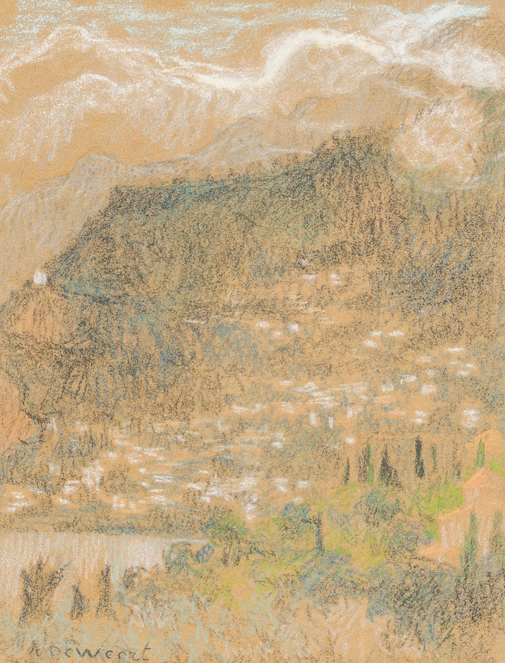 Anna De Weert (1867-1950): Paysage du Sud, pastel sur papier, dat&eacute; 1934