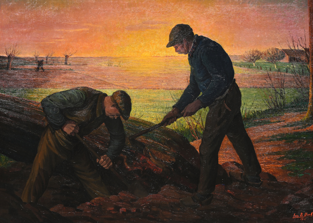 Evarist De Buck (1892-1974): Dur travail au cr&eacute;puscule, huile sur toile, dat&eacute; 1916