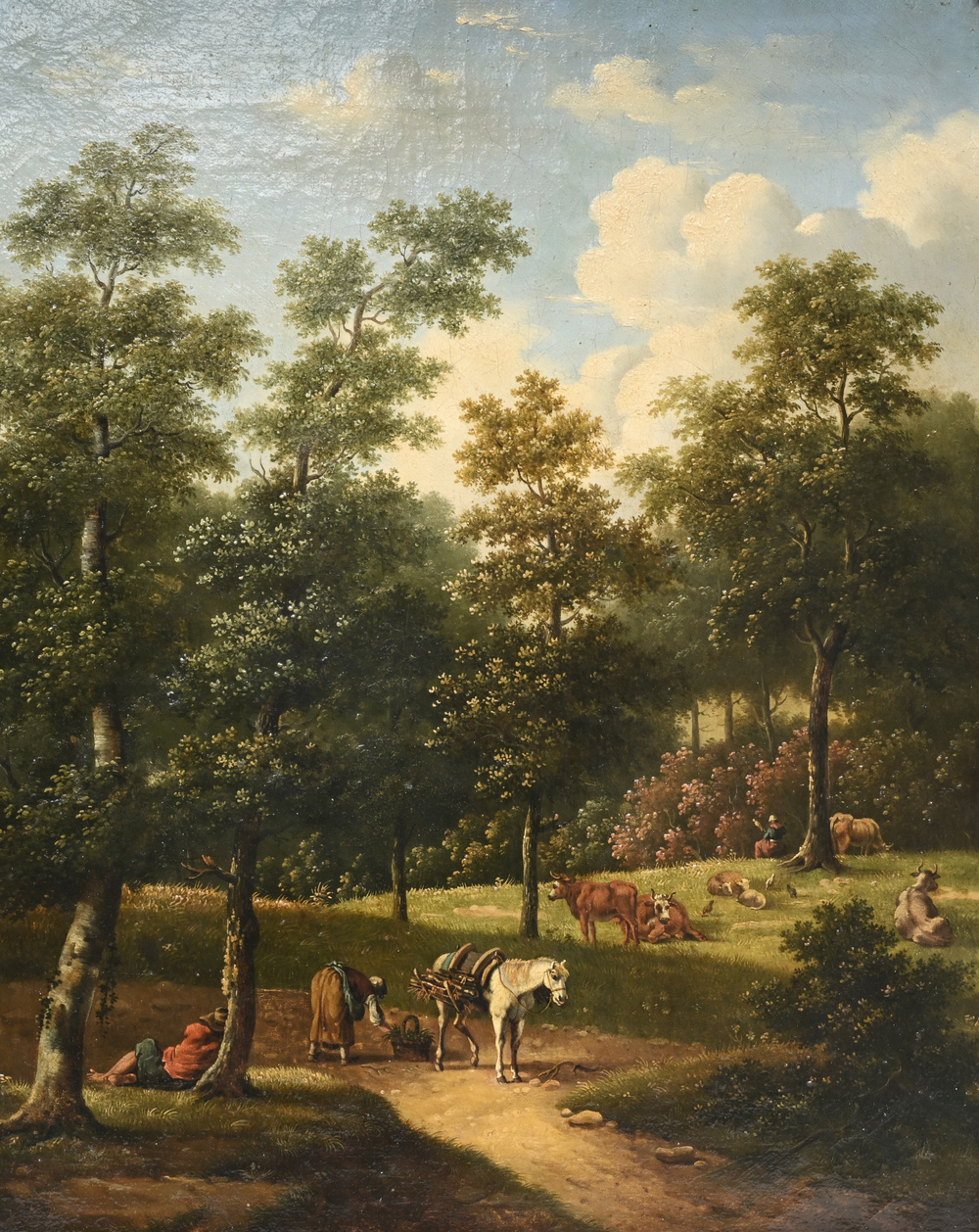French school: Shepherds with their cattle in a forest landscape, oil on canvas, 19th C.