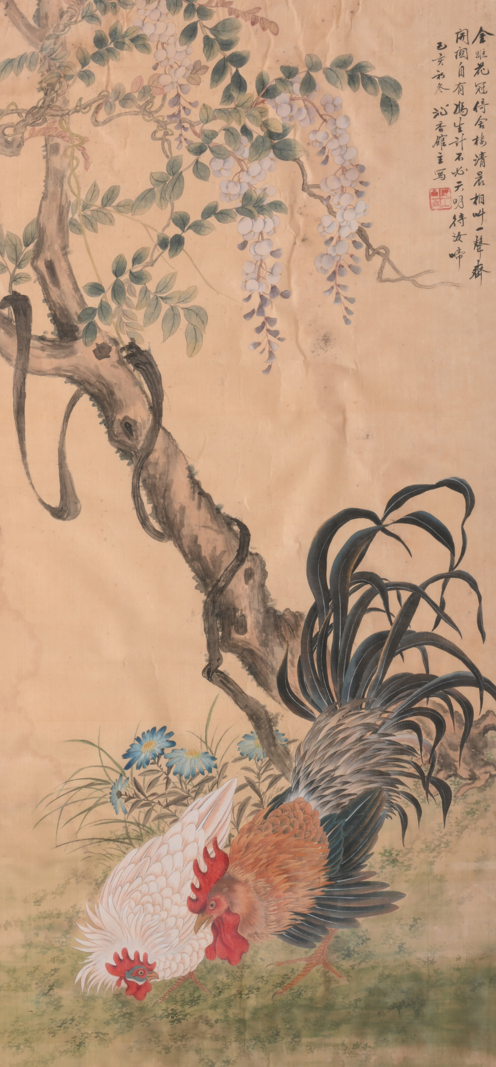 Ecole chinoise: Coqs dans un paysage, encre et couleurs sur soie, 19&egrave;me/20&egrave;me si&egrave;cle