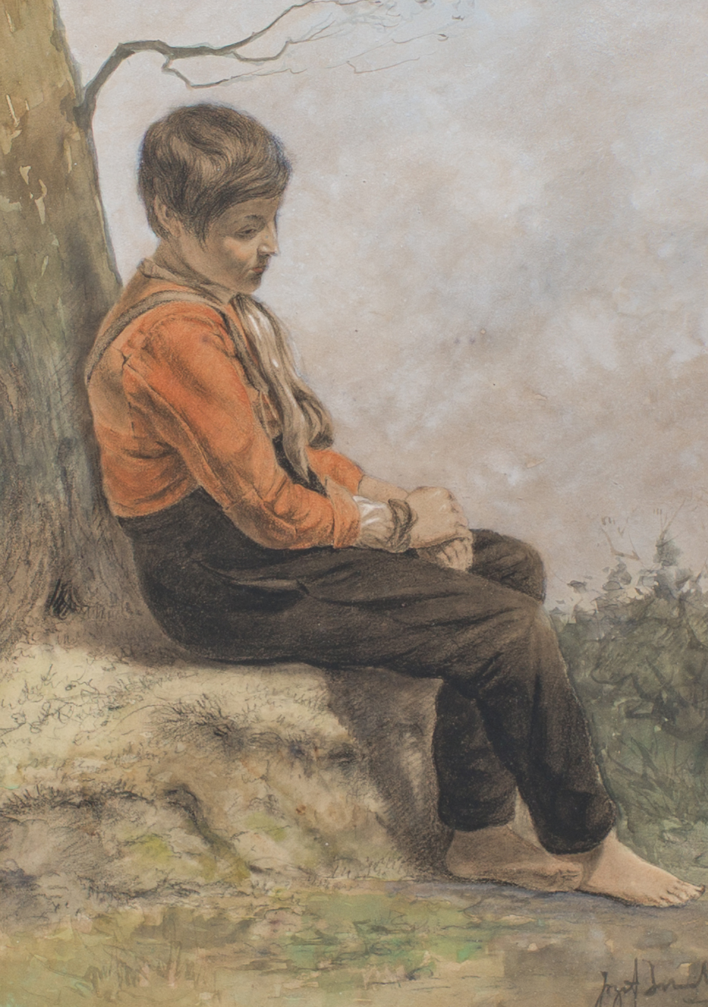 Jozef Israels (1824-1911, &agrave; la mani&egrave;re de): Jeunesse se reposant sous un arbre, techniques mixtes sur papier