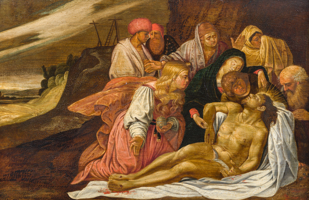 Ecole flamande: La Lamentation sur le Christ mort, huile sur panneau, 17&egrave;me si&egrave;cle