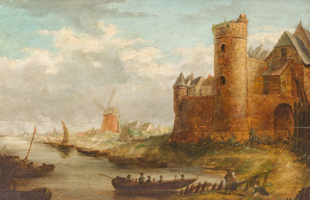 &Eacute;cole hollandaise, &agrave; la mani&egrave;re de Dirck Verhaert (1610-1680): Paysage avec une ruine de ch&acirc;teau, huile sur panneau, 18&egrave;me si&egrave;cle