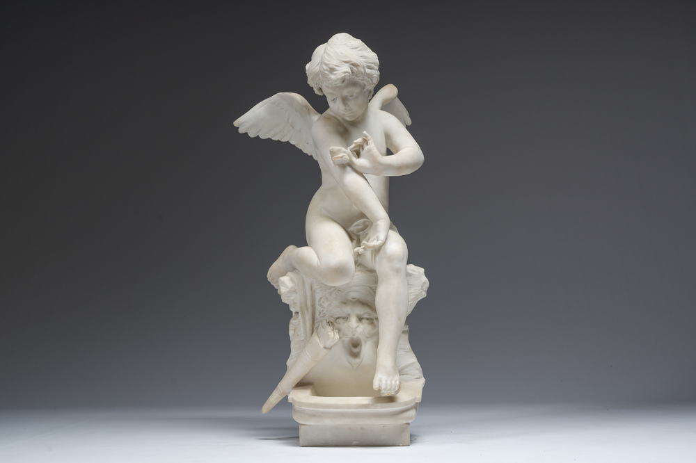 Cl&eacute;ment-L&eacute;opold Steiner (1853-1899): Groupe en marbre blanc repr&eacute;sentant l'Amour jouant avec un papillon