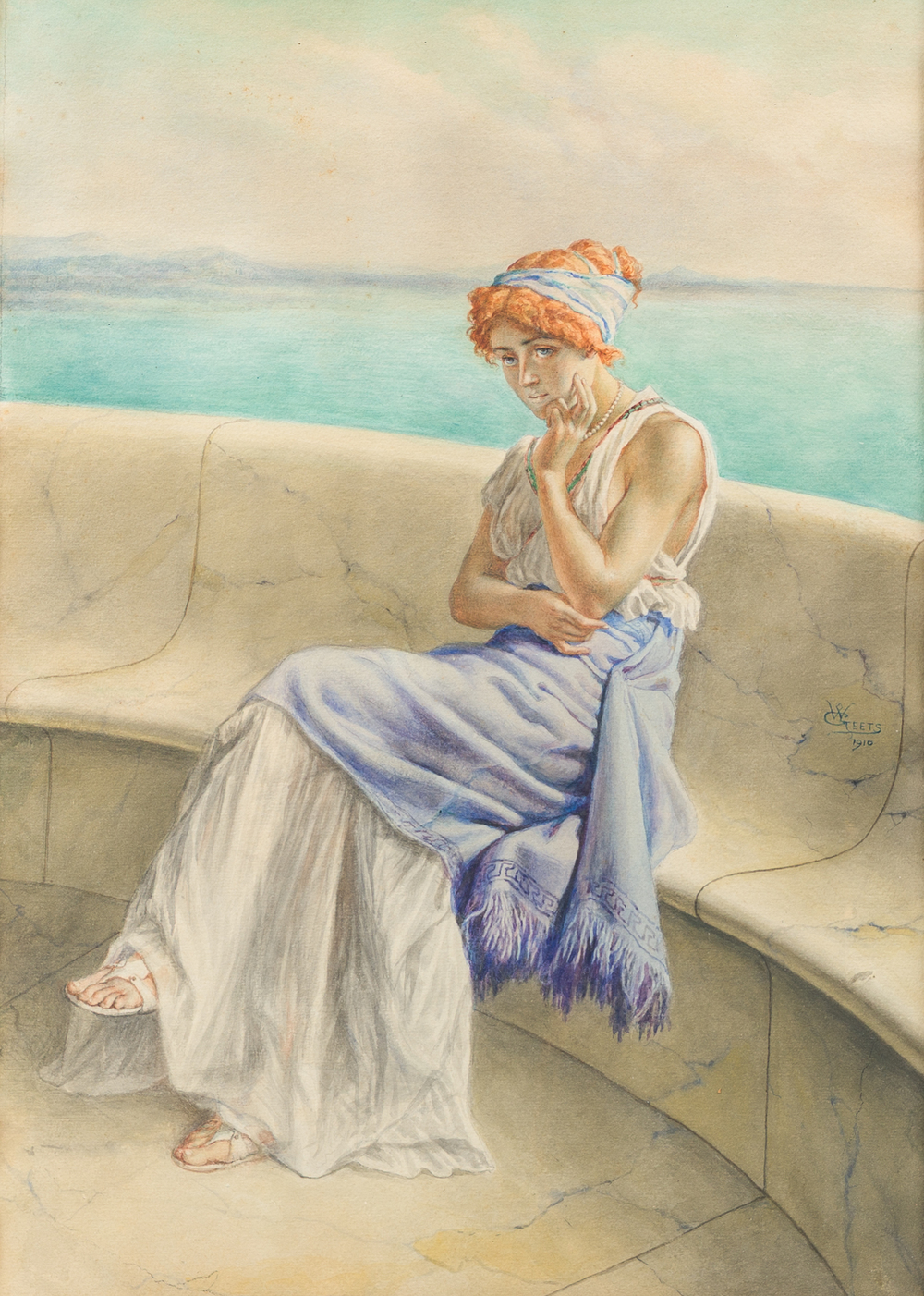 Willem Geets (1838-1919), apr&egrave;s Lawrence Alma-Tadema (1836-1912): Dame au repos, aquarelle sur papier, dat&eacute; 1910