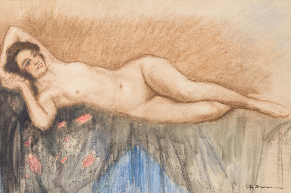 Philippe Swyncop (1878-1949): Nu f&eacute;minin allong&eacute;, techniques mixtes sur papier