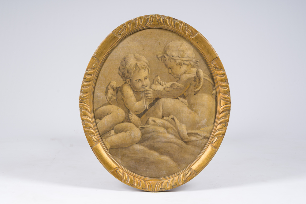 &Eacute;cole fran&ccedil;aise: Deux anges caressant une colombe, huile sur toile maroufl&eacute;e sur panneau, vers 1900