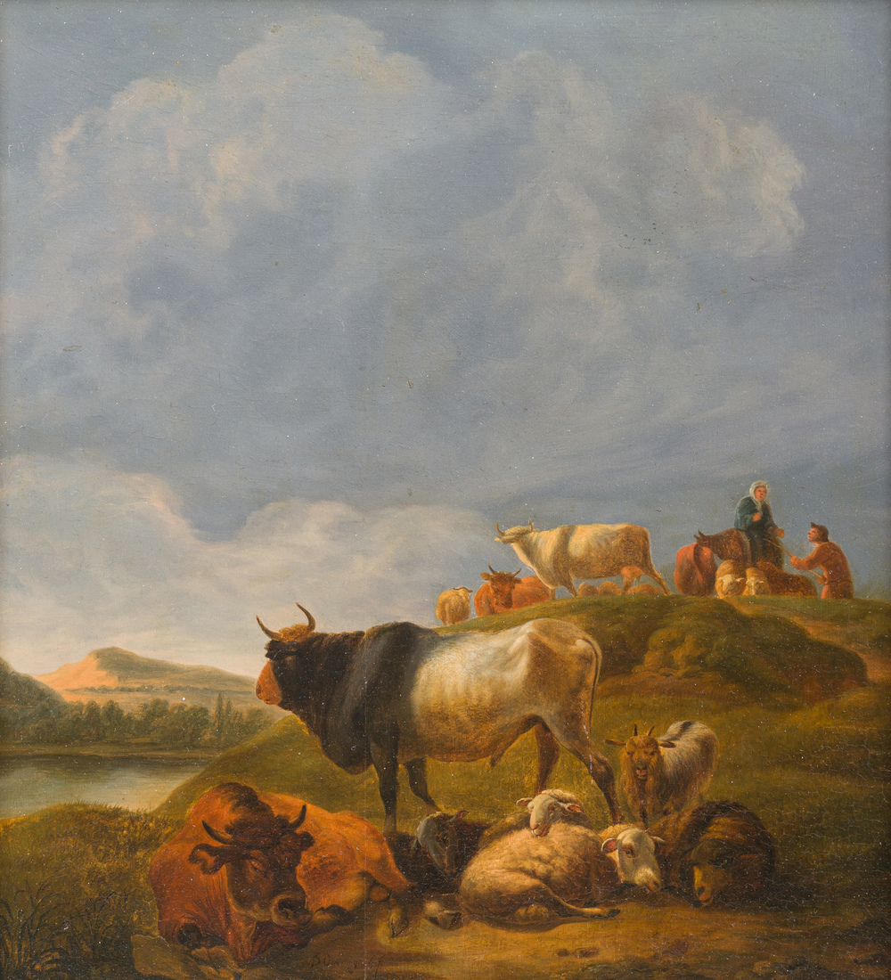 Balthazar Paul Ommeganck (1755-1826, &agrave; la mani&egrave;re de): Bergers avec leurs troupeaux dans un paysage, huile sur panneau, 19&egrave;me si&egrave;cle