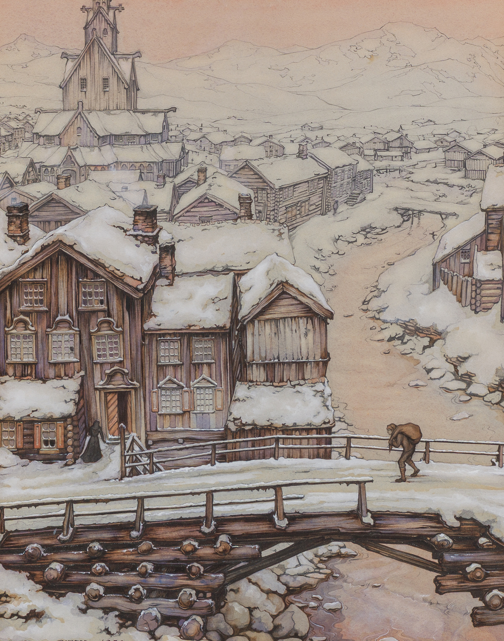 Anton Pieck (1895-1987): Vue d'un village en hiver, technique mixte sur papier, dat&eacute; 1939