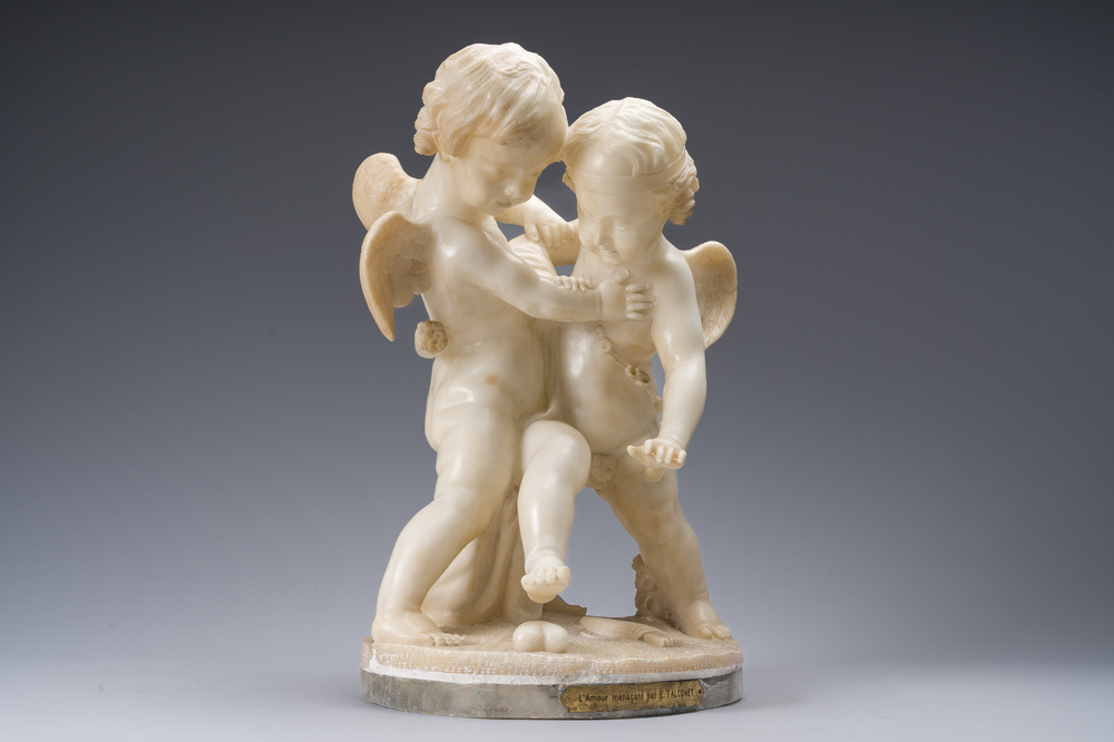 Ecole fran&ccedil;aise, suiveur d'Etienne Maurice Falconet (1716-1791): 'Bataille pour l'amour', alb&acirc;tre, 20&egrave;me si&egrave;cle