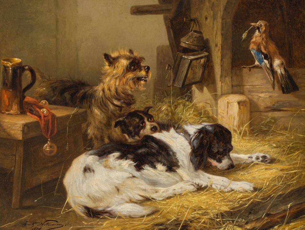 Zacharie Noterman (1824-1890): Trois chiens et un geai, huile sur panneau, dat&eacute; 1878