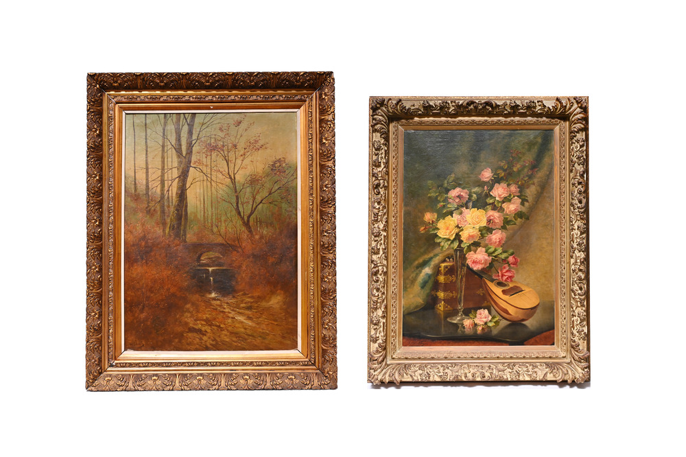 Paul Schouten (1860-1922): Paysage forestier, huile sur toile &amp; Charles De Naeyer (19e/20e si&egrave;cle): Nature morte, huile sur toile