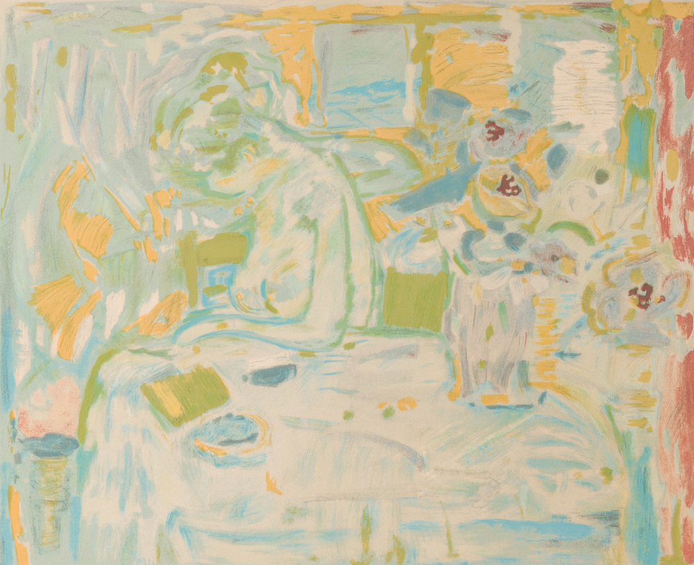 Jacques Truphemus (1922-2017): Femme nue assise &agrave; une table, lithographie en couleurs, &eacute;d. 26/50