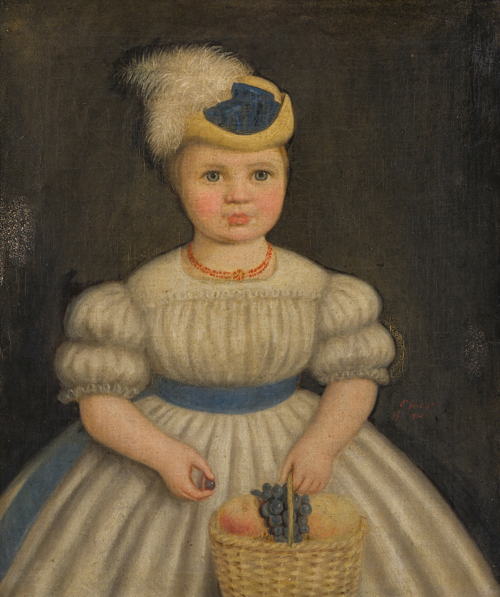 Engelbert Van Erps (1819-1874): Portrait d'une jeune fille avec une corbeille de fruits &agrave; la main, huile sur toile, dat&eacute; 1865