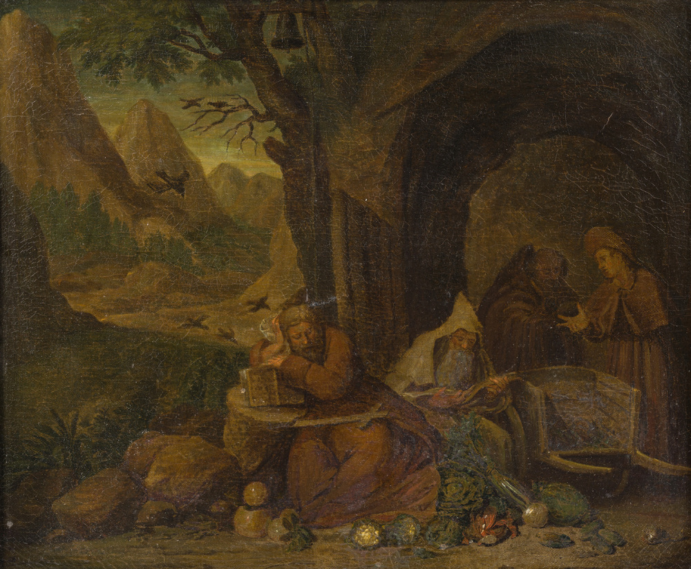 Ecole flamande: Ermites dans un paysage avec une nature morte au premier plan, huile sur toile, 18&egrave;me si&egrave;cle