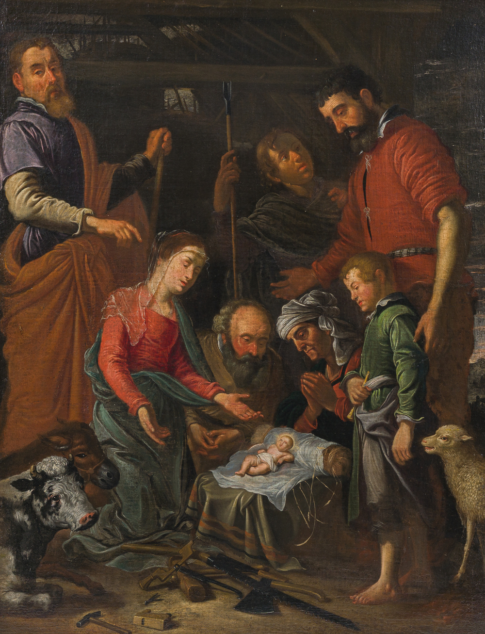 &Eacute;cole flamande: L'adoration des bergers, huile sur toile, 17&egrave;me si&egrave;cle