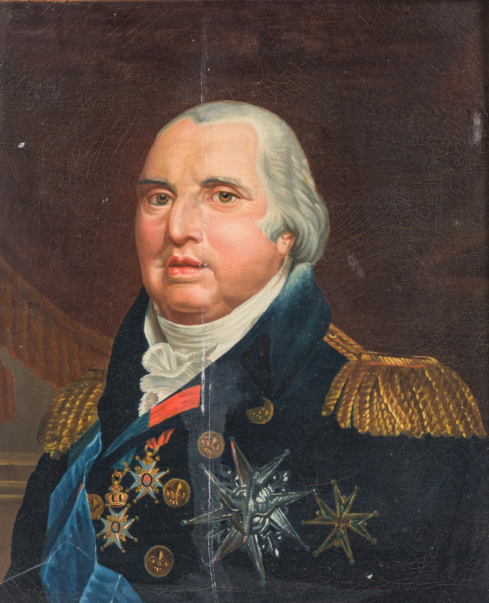 &Eacute;cole fran&ccedil;aise: Portrait du roi Louis XVIII, huile sur toile, 20&egrave;me si&egrave;cle