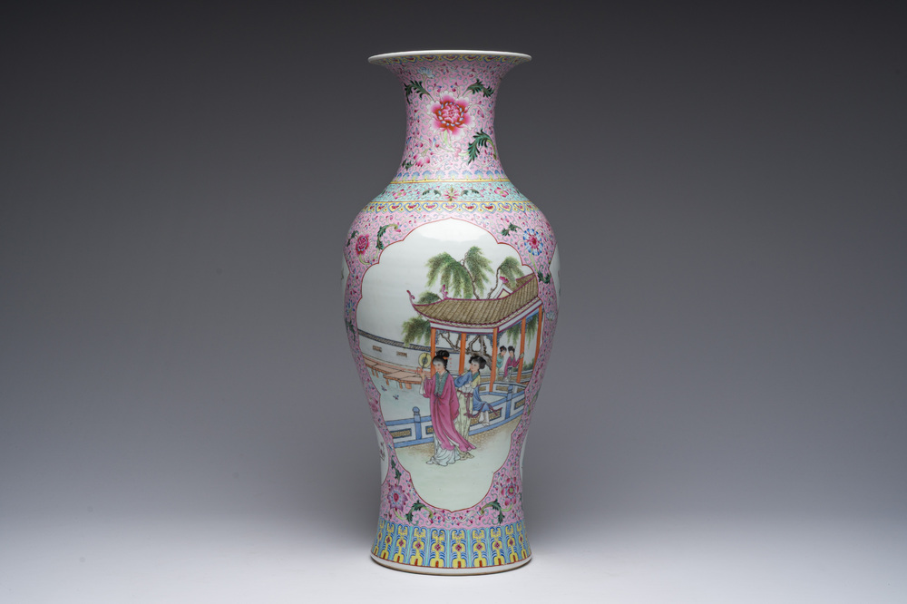 A Chinese famille rose baluster vase with female Immortals and floral design, Qianlong mark, 20th C.