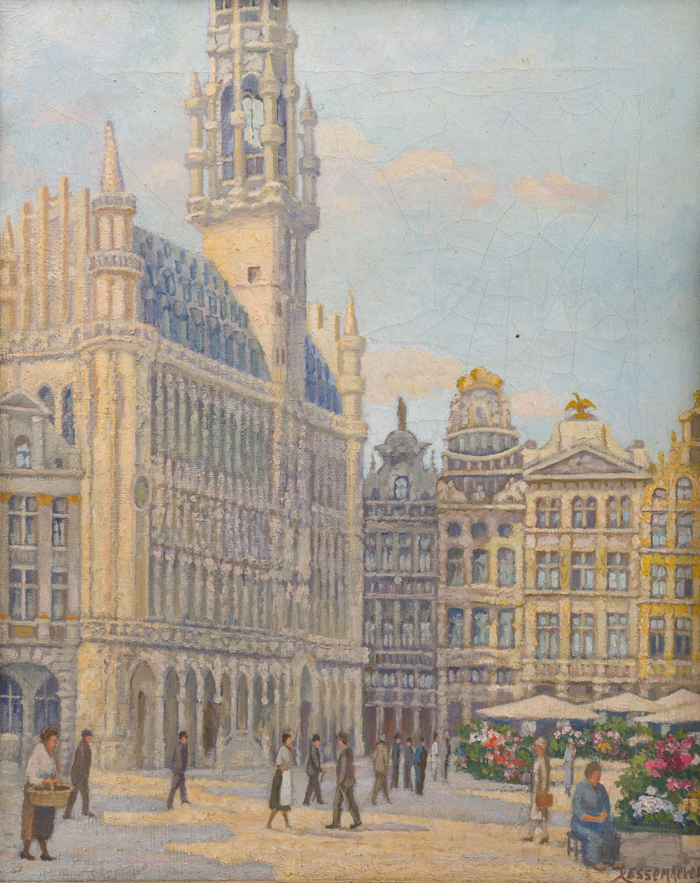 &Eacute;cole belge, Lessemaeker (20&egrave;me si&egrave;cle): Grand-Place de Bruxelles, huile sur toile