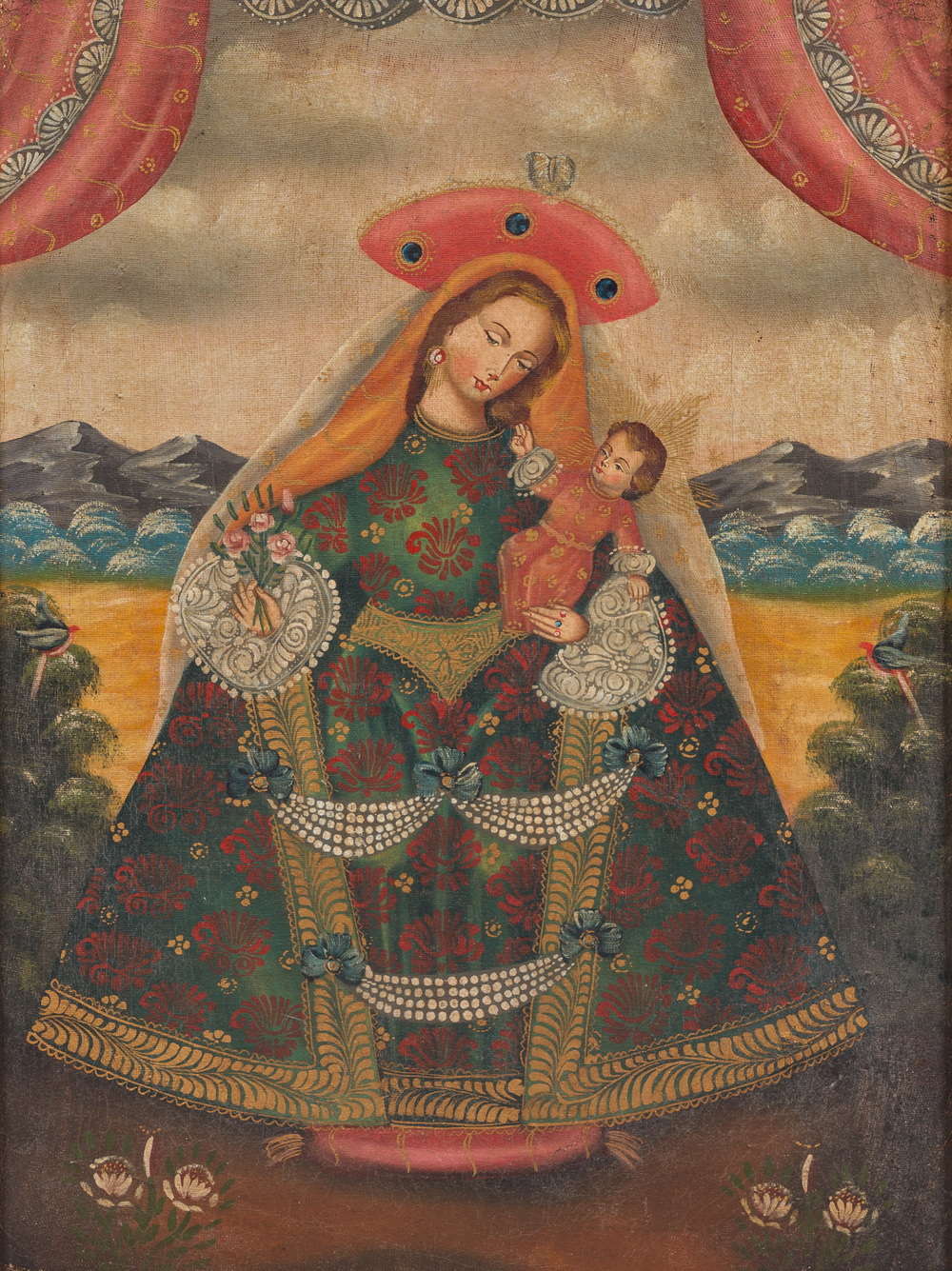 Ecole de Cuzco: La Vierge Marie &agrave; l'Enfant, huile sur toile maroufl&eacute;e sur board, 19&egrave;me/20&egrave;me si&egrave;cle