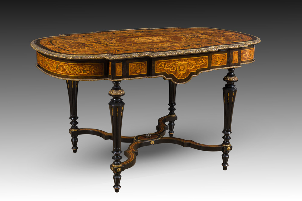 A French Napoleon III gilt bronze mounted partially ebonized wooden marquetry table with floral design and a theatre, 19th C.