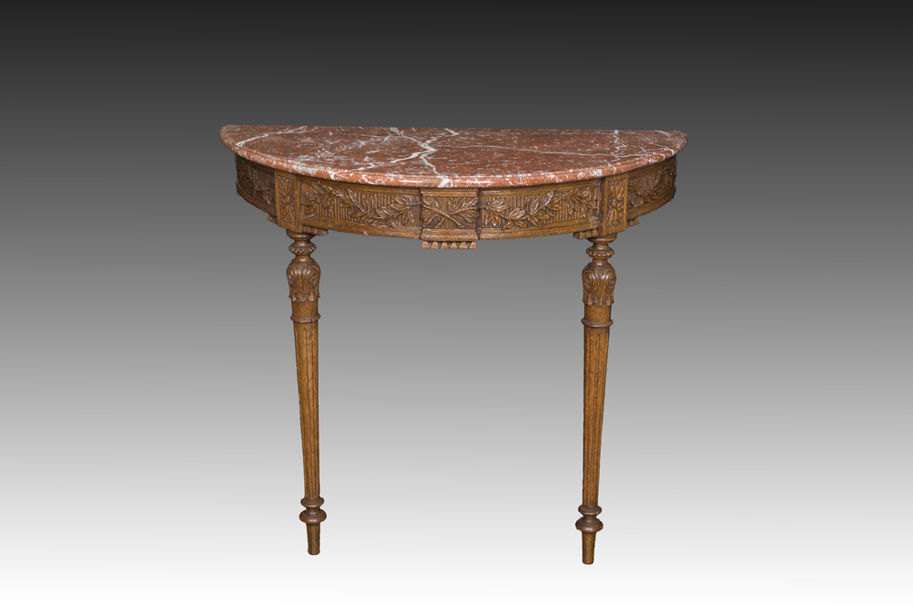 Console murale de style n&eacute;oclassique en ch&ecirc;ne &agrave; d&eacute;cor floral et plateau en marbre, vers 1800