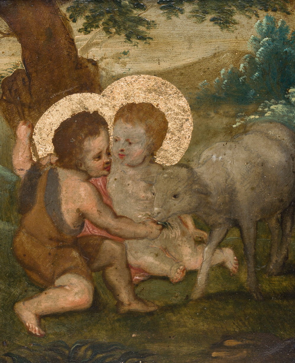 &Eacute;cole europ&eacute;enne: J&eacute;sus, saint Jean-Baptiste et un mouton, huile sur cuivre, 18&egrave;me si&egrave;cle