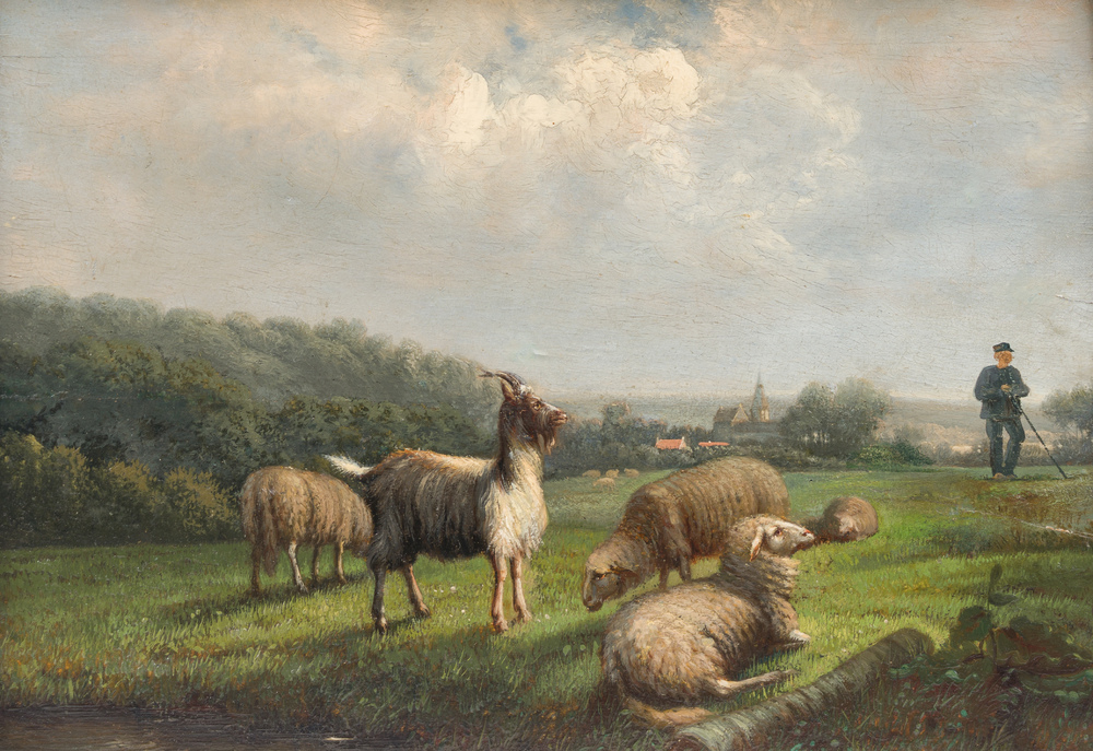 Johan Lodewijk Van Leemputten (1840-1910): Paysage avec un berger et son troupeau de moutons, huile sur panneau, dat&eacute; 1898 (?)