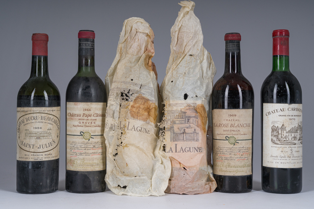 1959-1970 Ch&acirc;teau Carbonnieux, Ch&acirc;teau Ducru-Beaucaillou, Ch&acirc;teau Pape Cl&eacute;ment, etc., 6 bouteilles